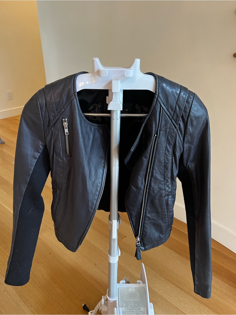 Mackage Black Leather Moto Jacket with Zip Pocket Accents